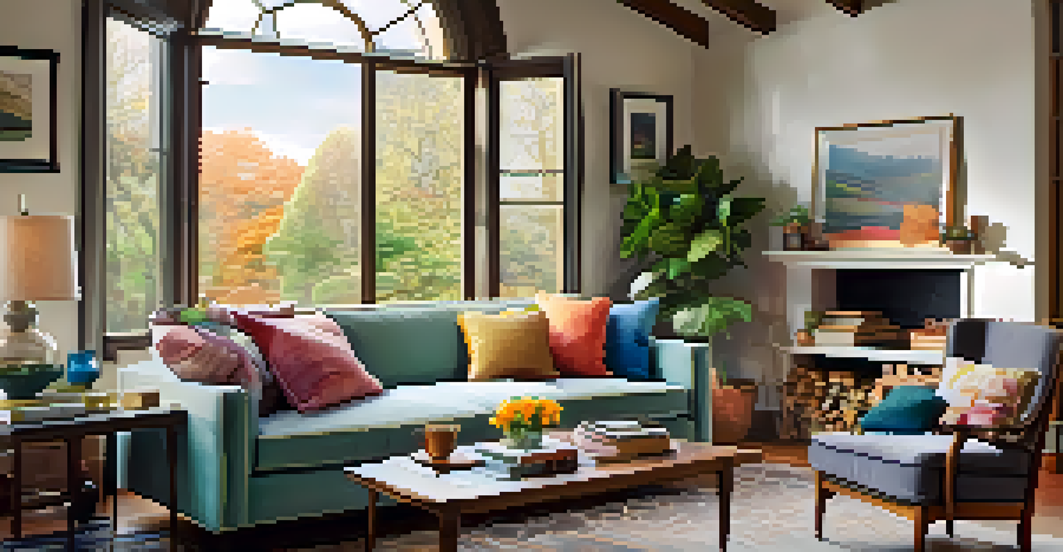 A warm and inviting living room with a sofa, coffee table, and garden view.