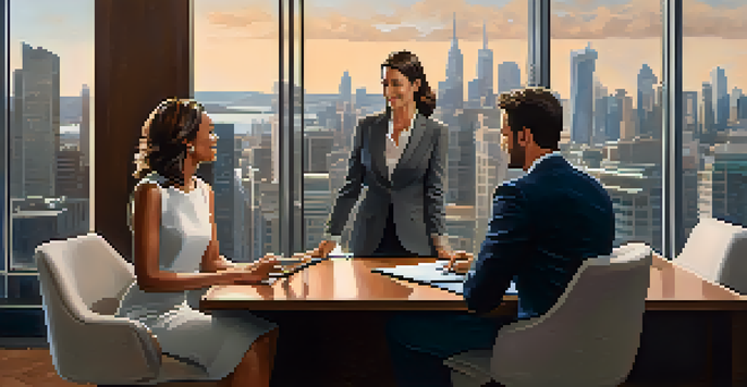 A financial advisor consulting with a diverse couple at a modern desk, with a city skyline visible through large windows.