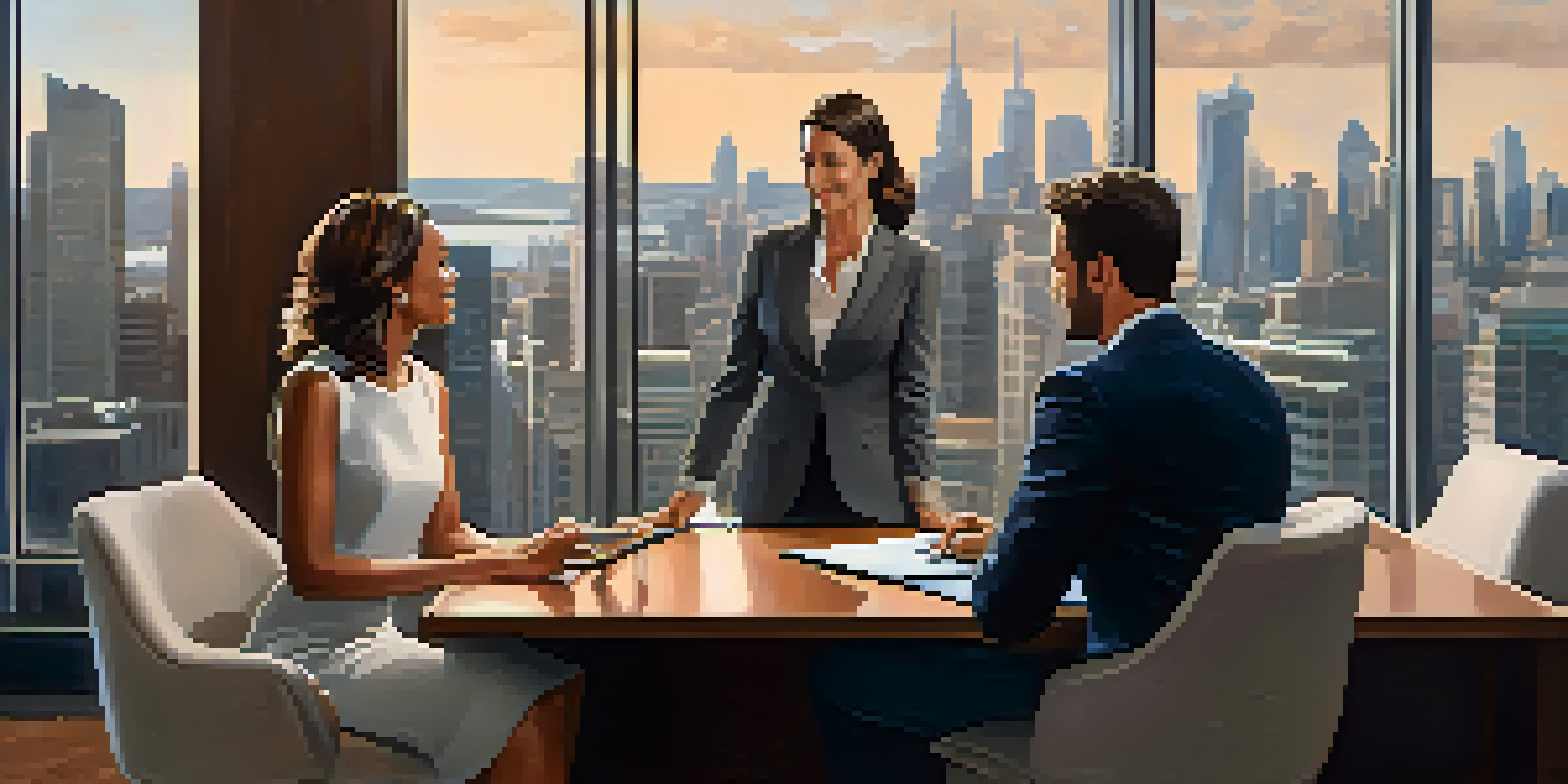 A financial advisor consulting with a diverse couple at a modern desk, with a city skyline visible through large windows.