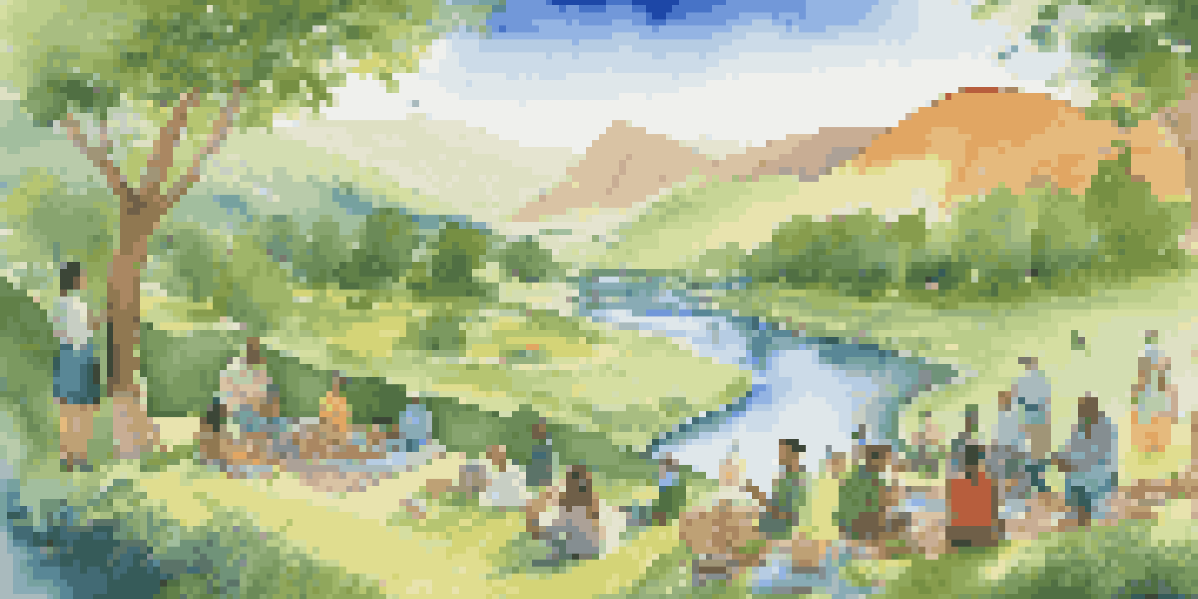 A diverse group of people discussing sustainable investments in a green valley, with a river and clear sky in the background.