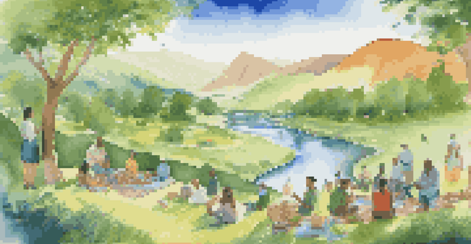 A diverse group of people discussing sustainable investments in a green valley, with a river and clear sky in the background.