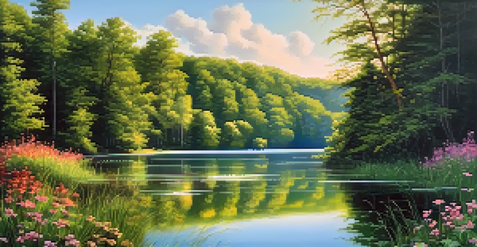 A peaceful lake with green forests and colorful wildflowers under a clear blue sky.