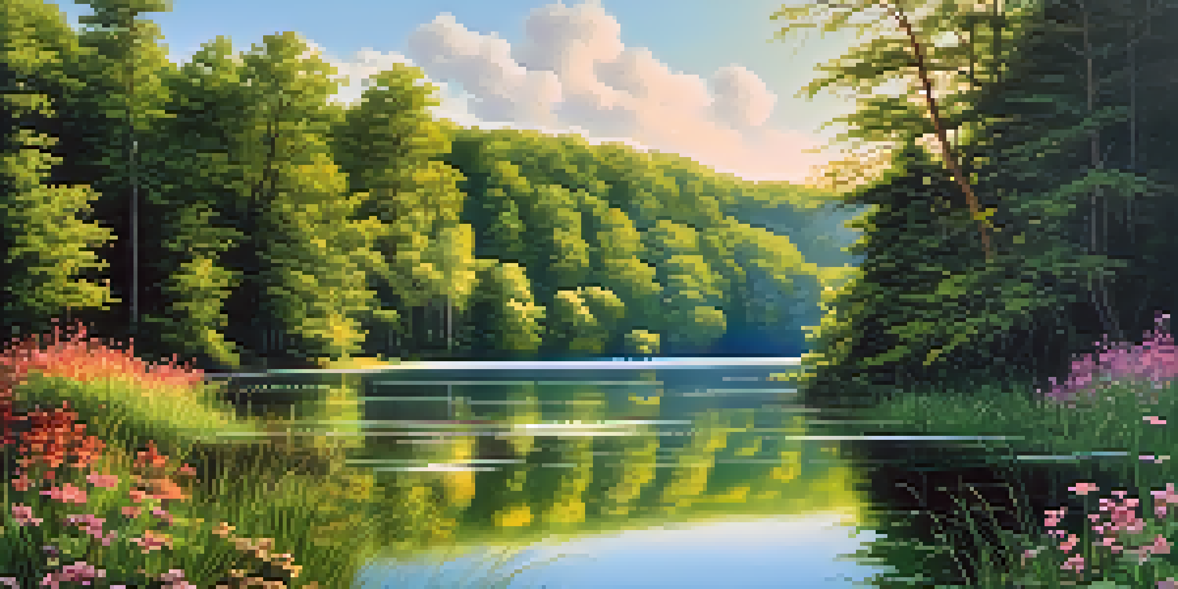 A peaceful lake with green forests and colorful wildflowers under a clear blue sky.