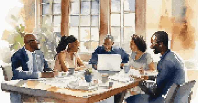 A diverse group of philanthropists discussing ideas at a table, surrounded by papers and laptops, in a bright room with large windows.