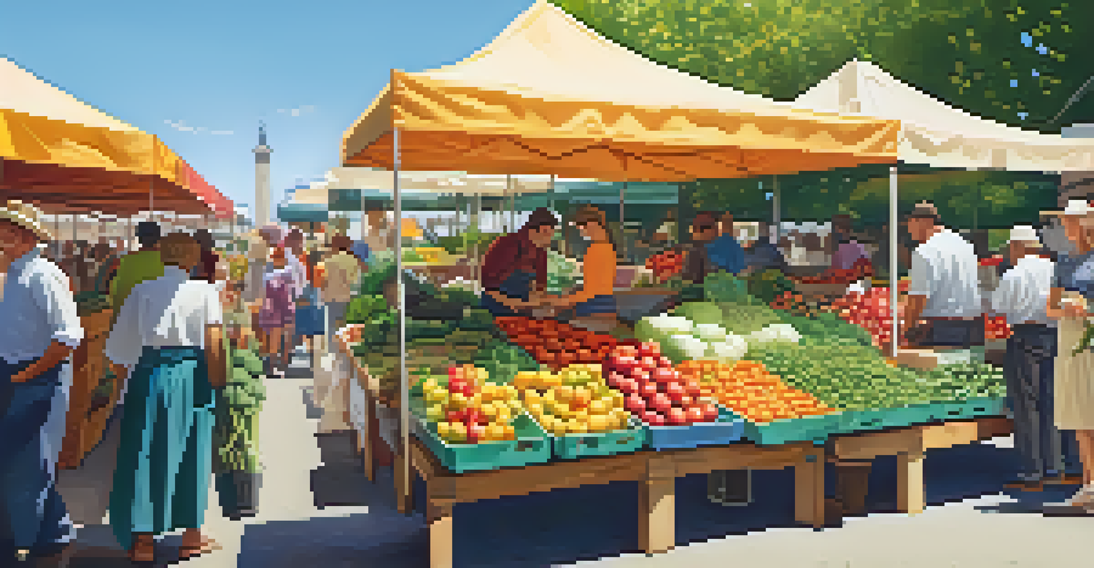 A vibrant farmer's market with stalls of fresh fruits, vegetables, and flowers under a sunny sky.