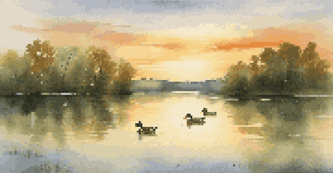 A peaceful lake scene with a sunset, surrounded by green trees and ducks swimming.