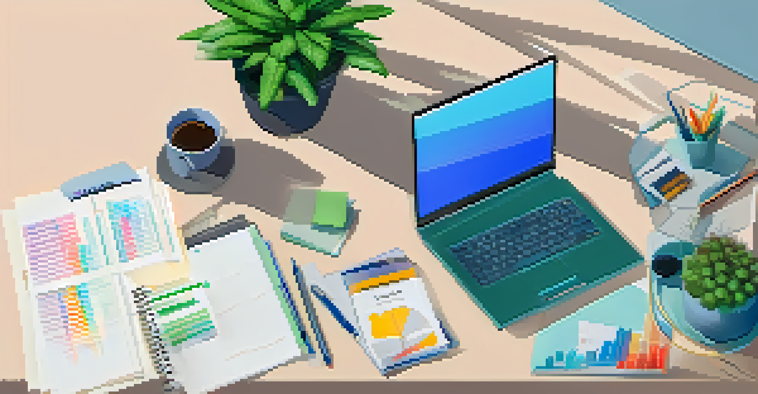 An organized workspace featuring a laptop, financial charts, and a notepad, along with a coffee cup and a small plant.