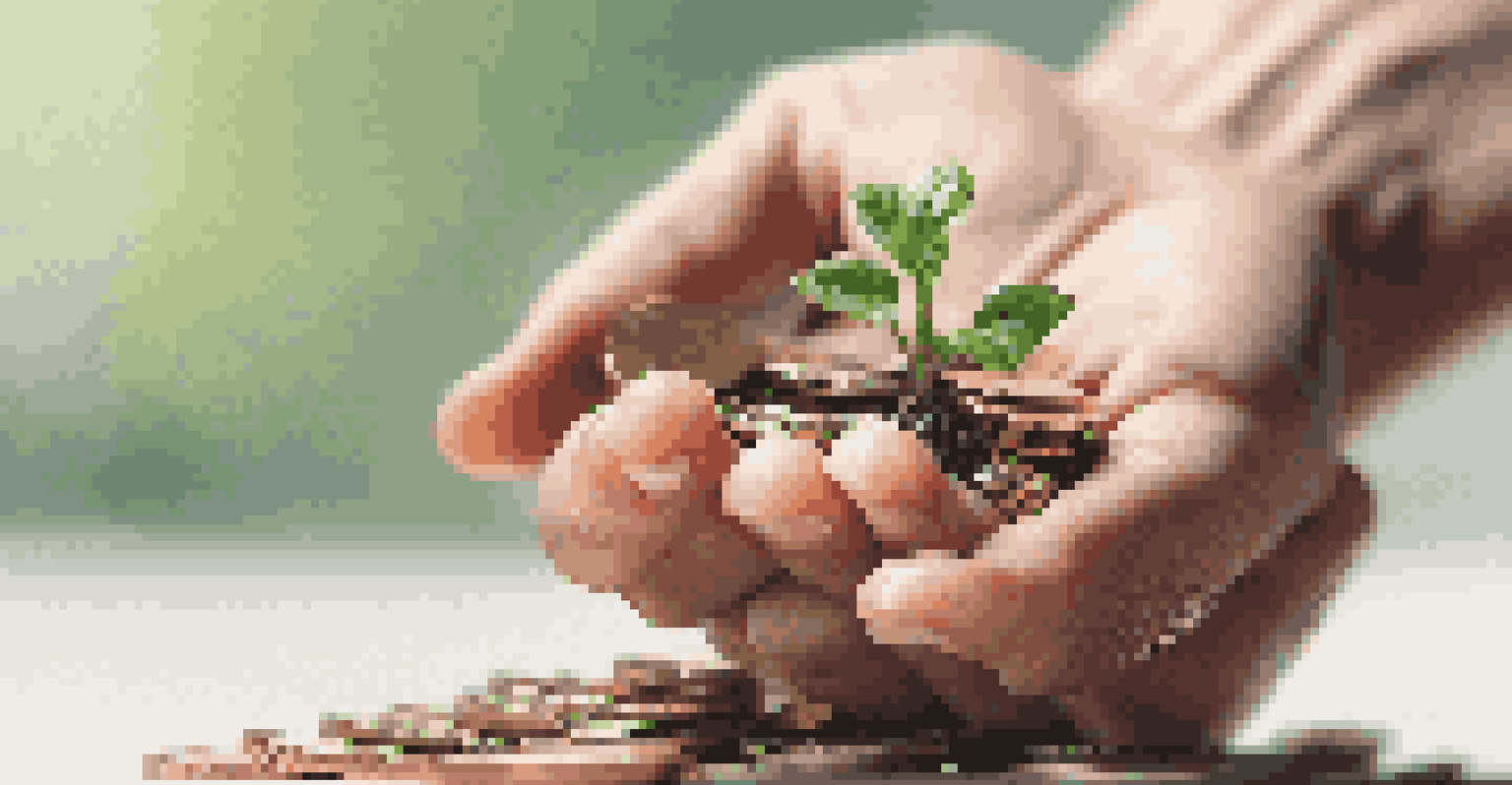 A hand holding a small green plant growing from a pile of coins, symbolizing growth in retirement savings.