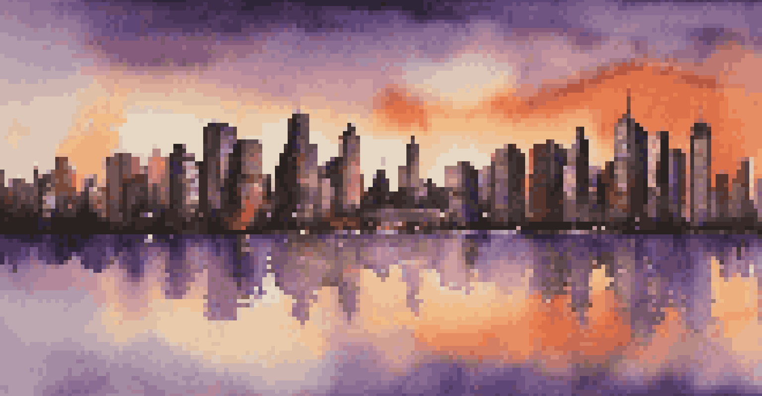 A financial district at sunset with skyscrapers and a reflective pond, symbolizing calmness in financial markets.