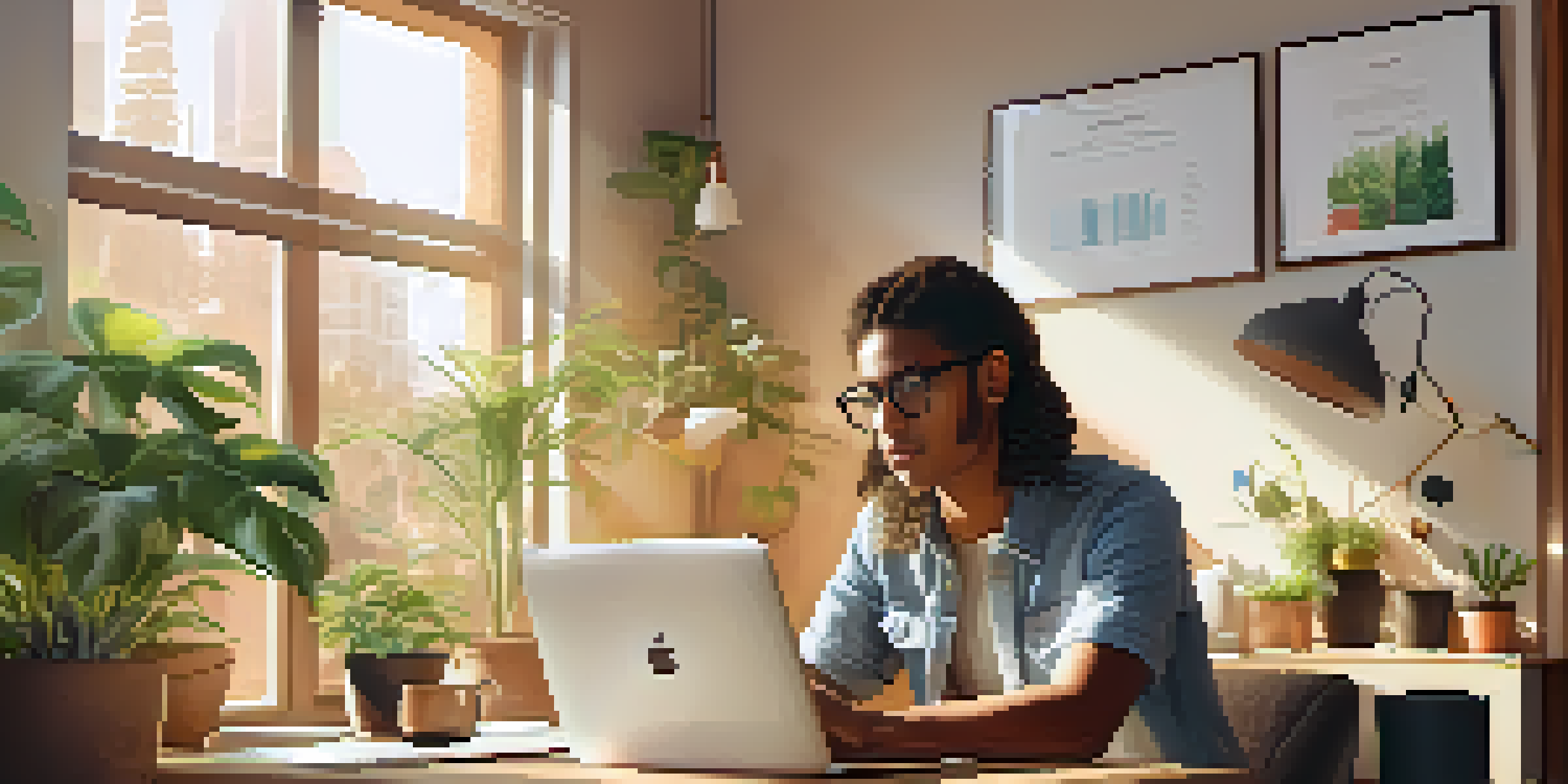 A young millennial at a desk with plants, looking at a laptop showing sustainability investment graphs in a sunlit room.