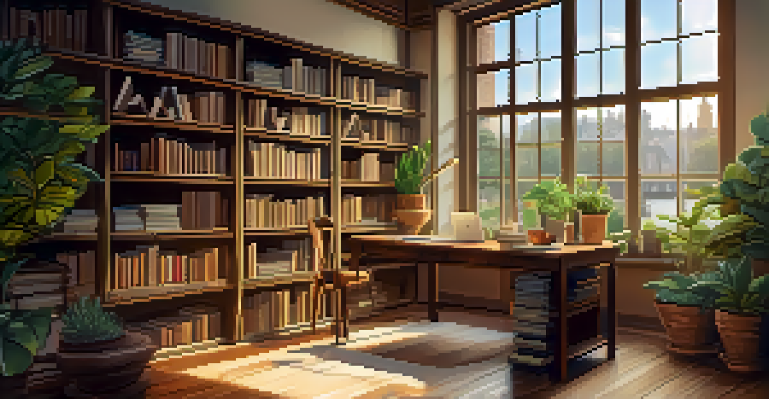 A stylish workspace with a laptop, notepad, coffee cup, and sunlight streaming through a window.