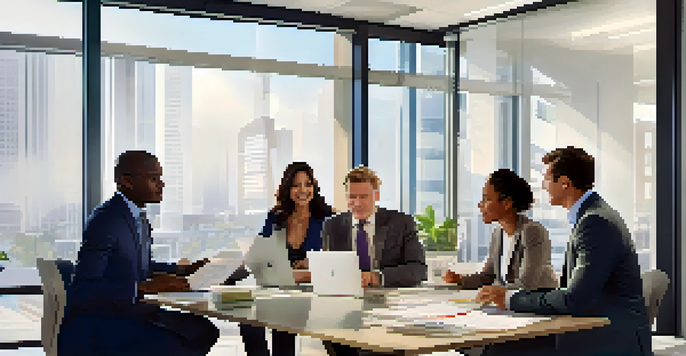 A diverse group of individuals in a modern office discussing investment strategies with financial documents and laptops on the table.