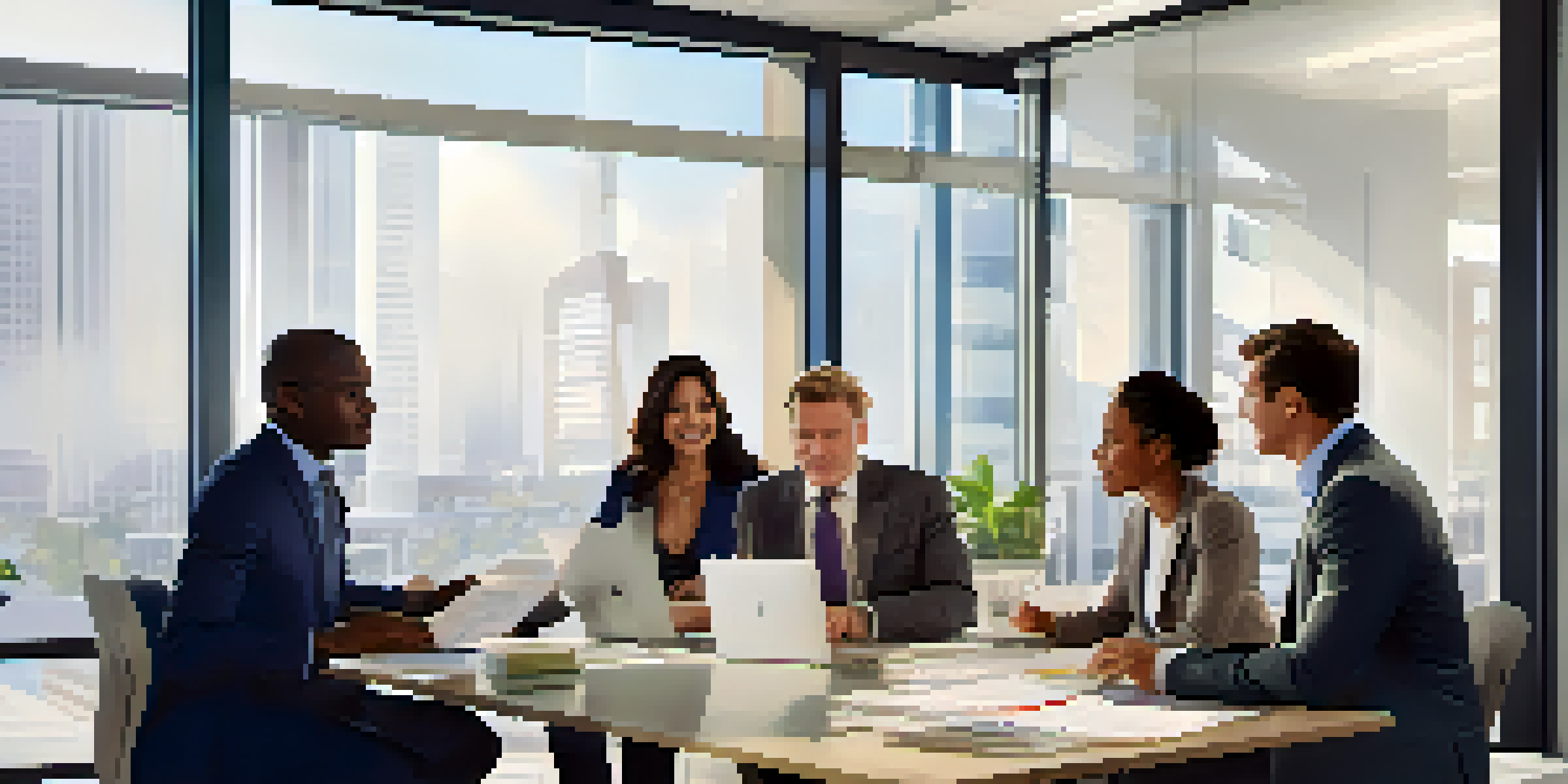 A diverse group of individuals in a modern office discussing investment strategies with financial documents and laptops on the table.