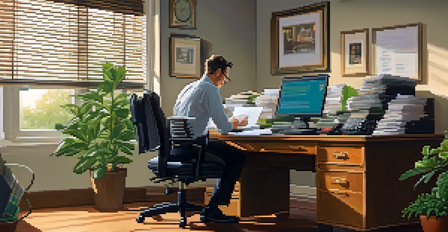 An accountant at a desk filled with financial paperwork and a computer, working diligently in a warm and cozy environment.