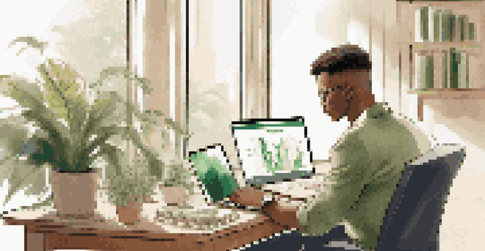 A young investor focused on their laptop, surrounded by plants and investment books in a well-lit room.