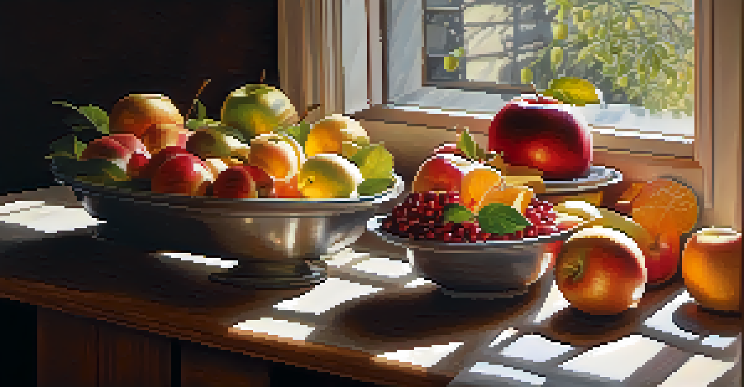 A wooden table with colorful fruits like apples, oranges, and berries, illuminated by natural light.
