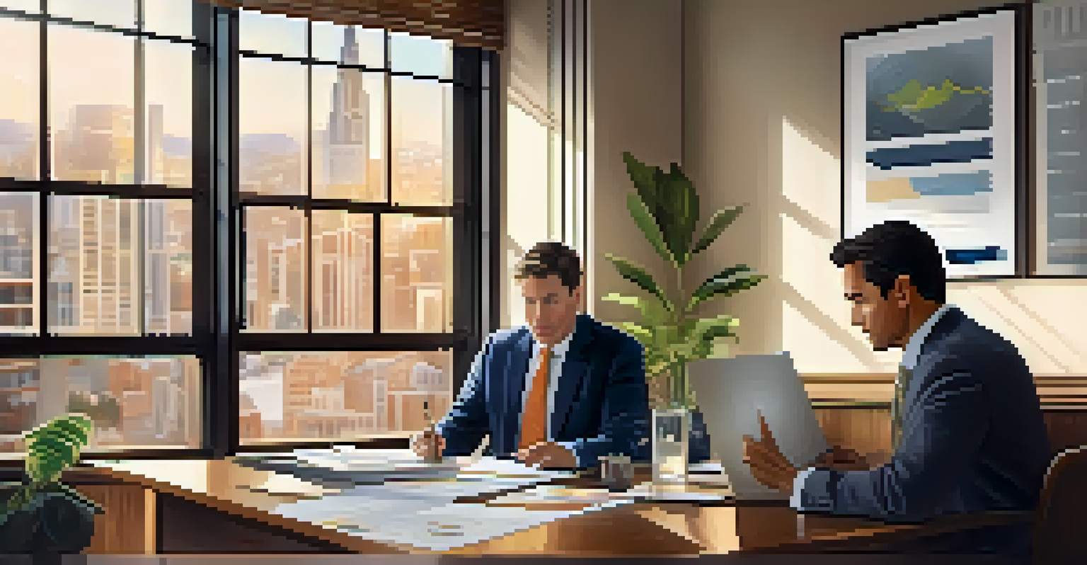 A financial advisor meeting with a client in an office, discussing investment strategies with a laptop and documents.