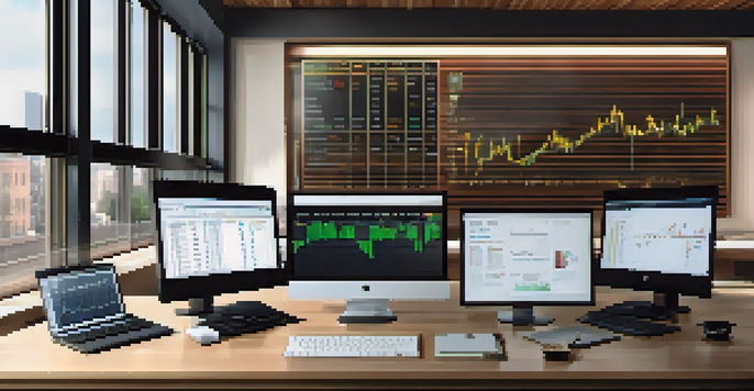 A modern trading desk showcasing multiple screens with stock charts, a cup of coffee, and a notepad in a well-lit environment.