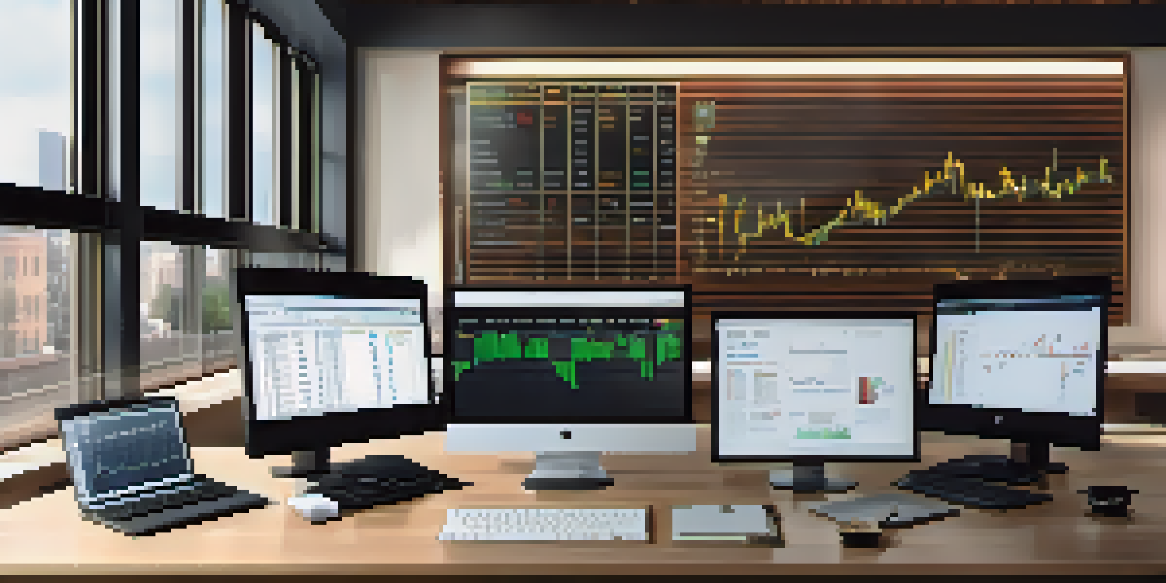 A modern trading desk showcasing multiple screens with stock charts, a cup of coffee, and a notepad in a well-lit environment.