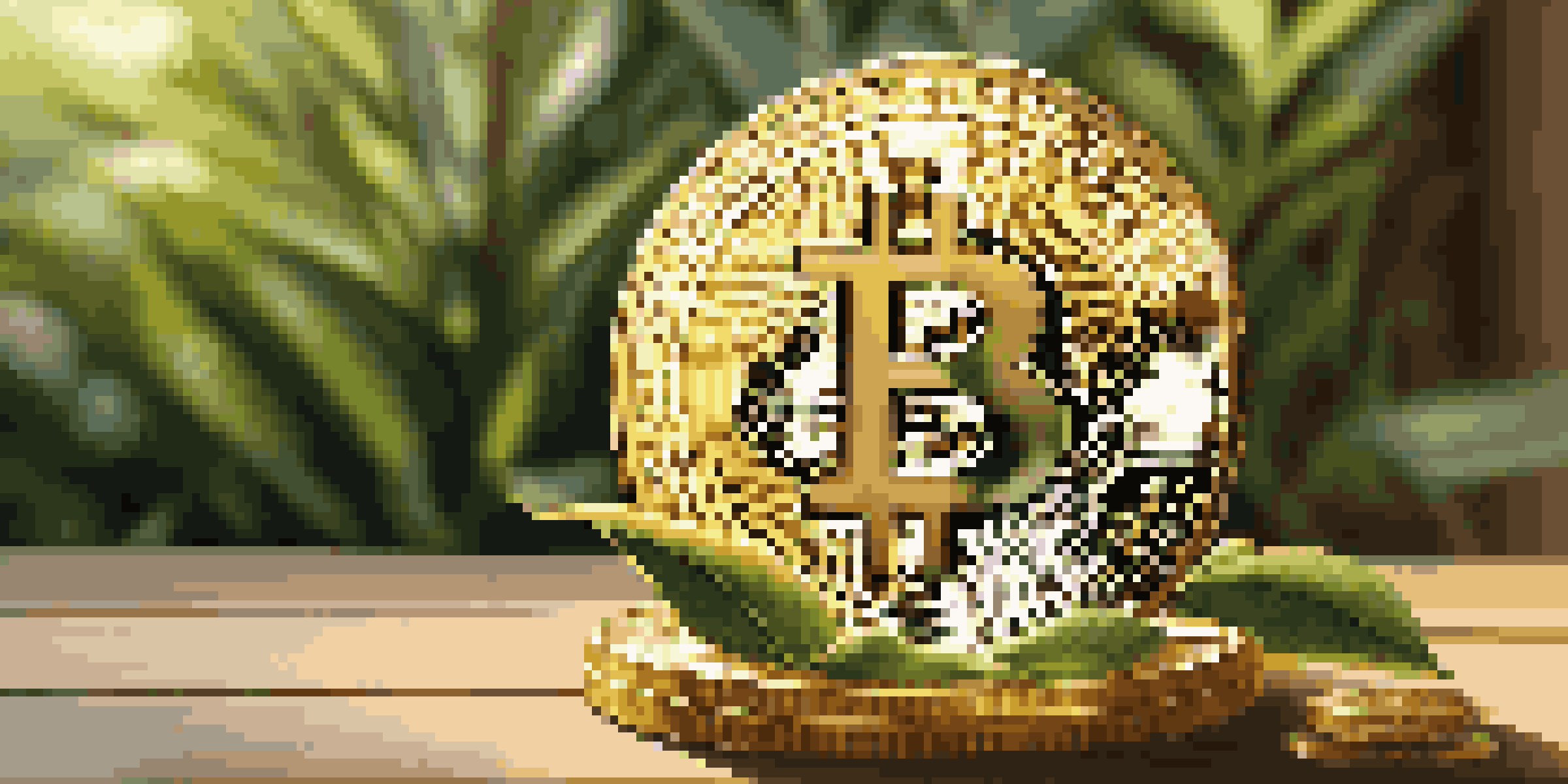 A close-up view of a Bitcoin coin on a wooden table with green plants in the background, illuminated by sunlight.