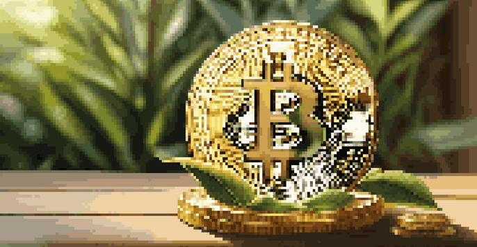 A close-up view of a Bitcoin coin on a wooden table with green plants in the background, illuminated by sunlight.