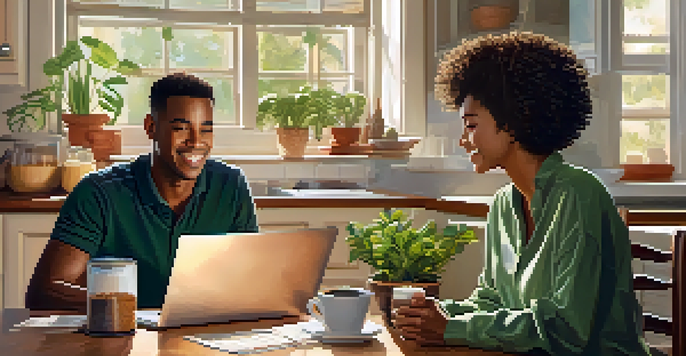 A young couple discussing finances at a kitchen table with a laptop and budget planner, surrounded by warm colors and natural light.