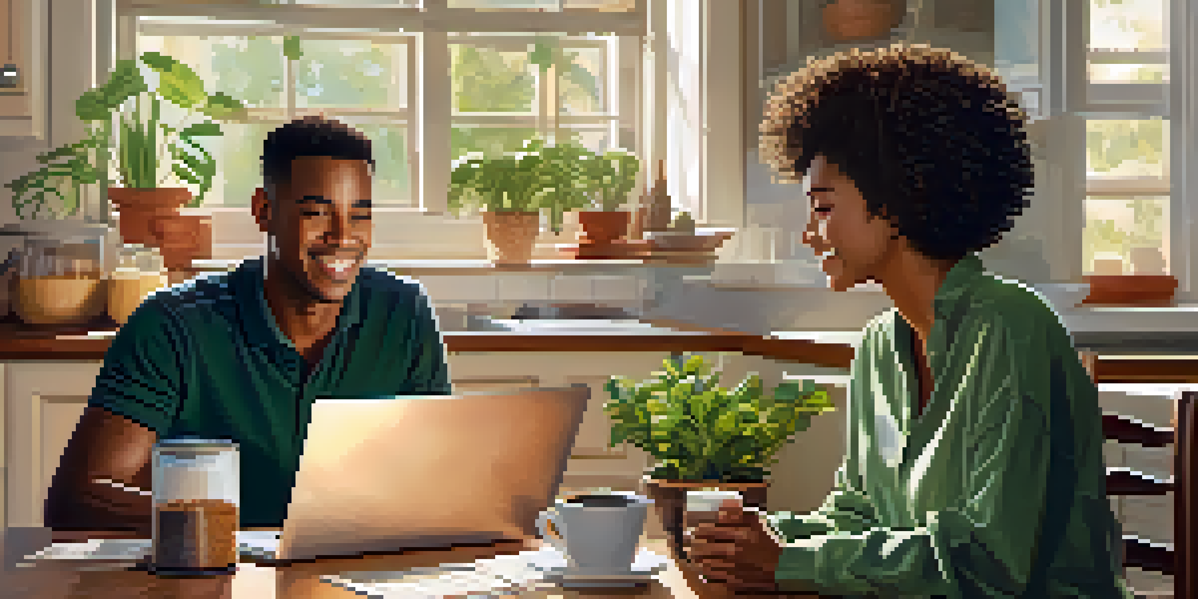A young couple discussing finances at a kitchen table with a laptop and budget planner, surrounded by warm colors and natural light.