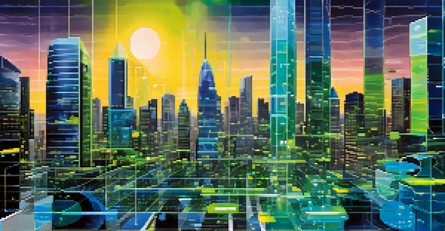 An abstract city skyline with glowing data analytics charts representing technology in risk management.