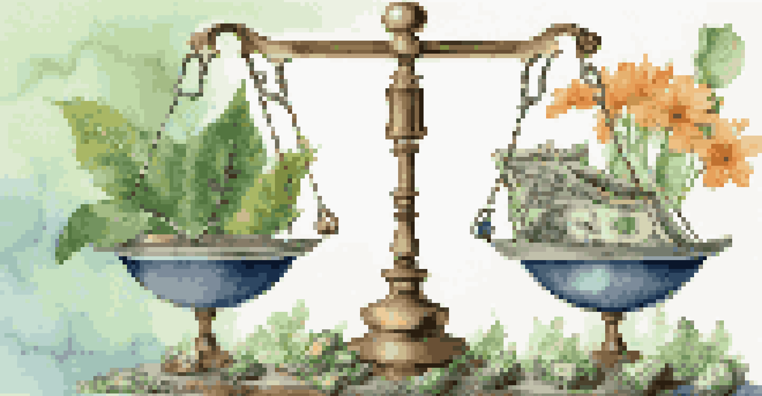 A balanced scale with financial symbols on one side and natural elements on the other, set against a gradient background.
