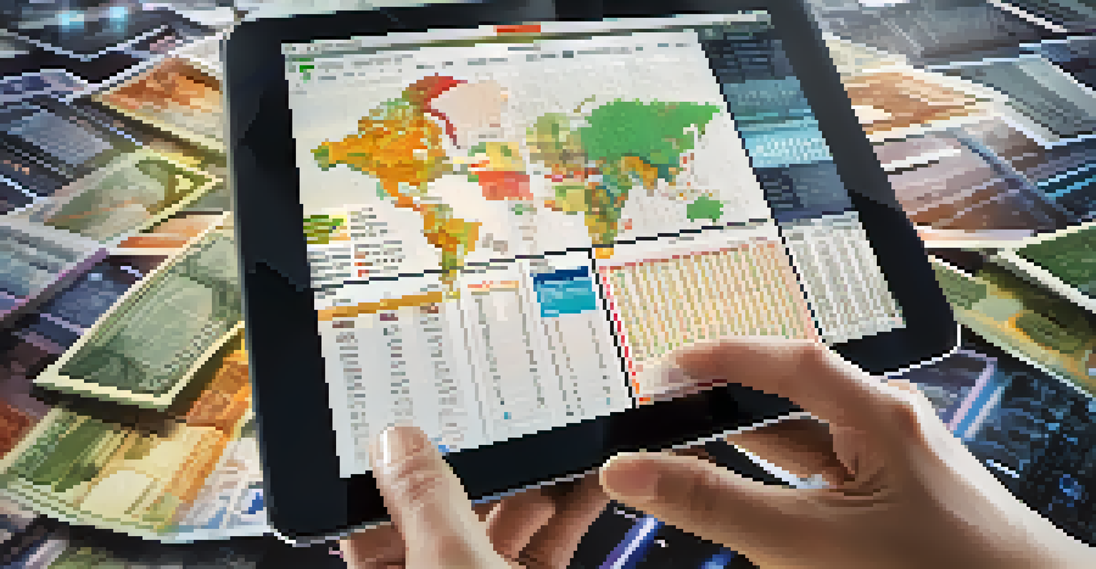 Close-up of hands using a tablet with financial data, surrounded by graphs and currency notes.