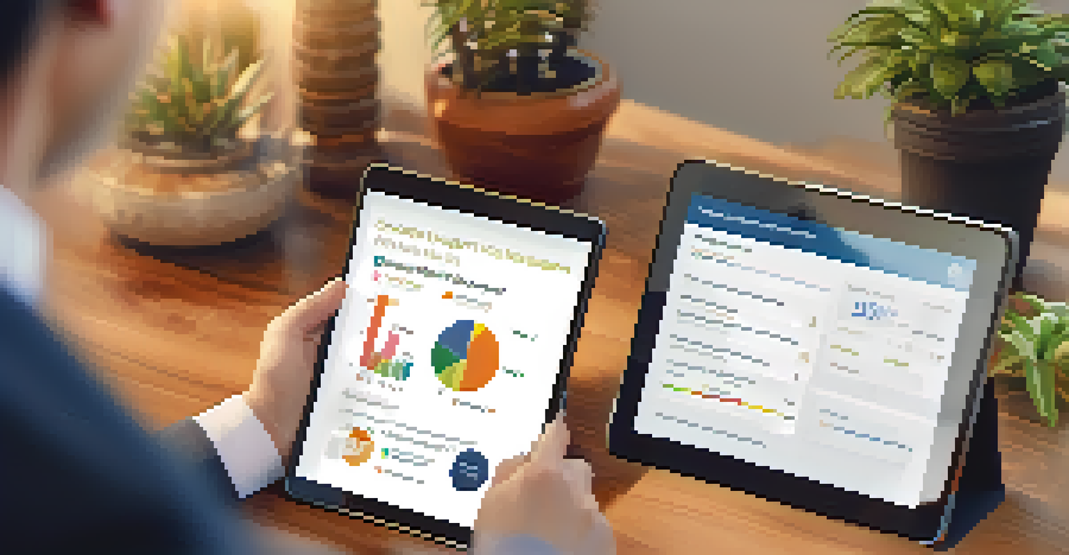 A business owner in a cozy office reviewing their business credit report on a tablet.