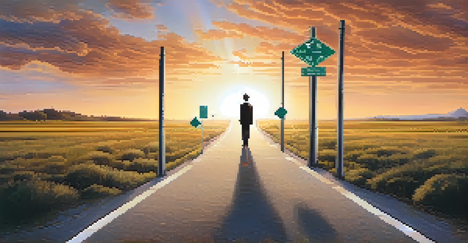 A person at a crossroads with signs for long-term and short-term investments, set during sunset, symbolizing investment decision-making.