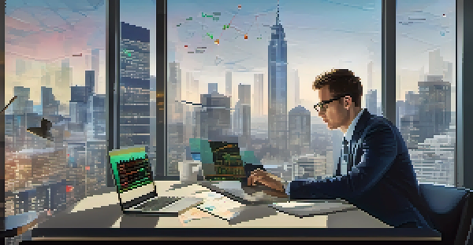A financial analyst at a desk with graphs and charts on a laptop, surrounded by digital currency symbols and interest rate indicators, and a city skyline visible through a window.