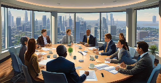 A diverse group of people discussing around a large round table in a modern conference room, with laptops and coffee cups present.