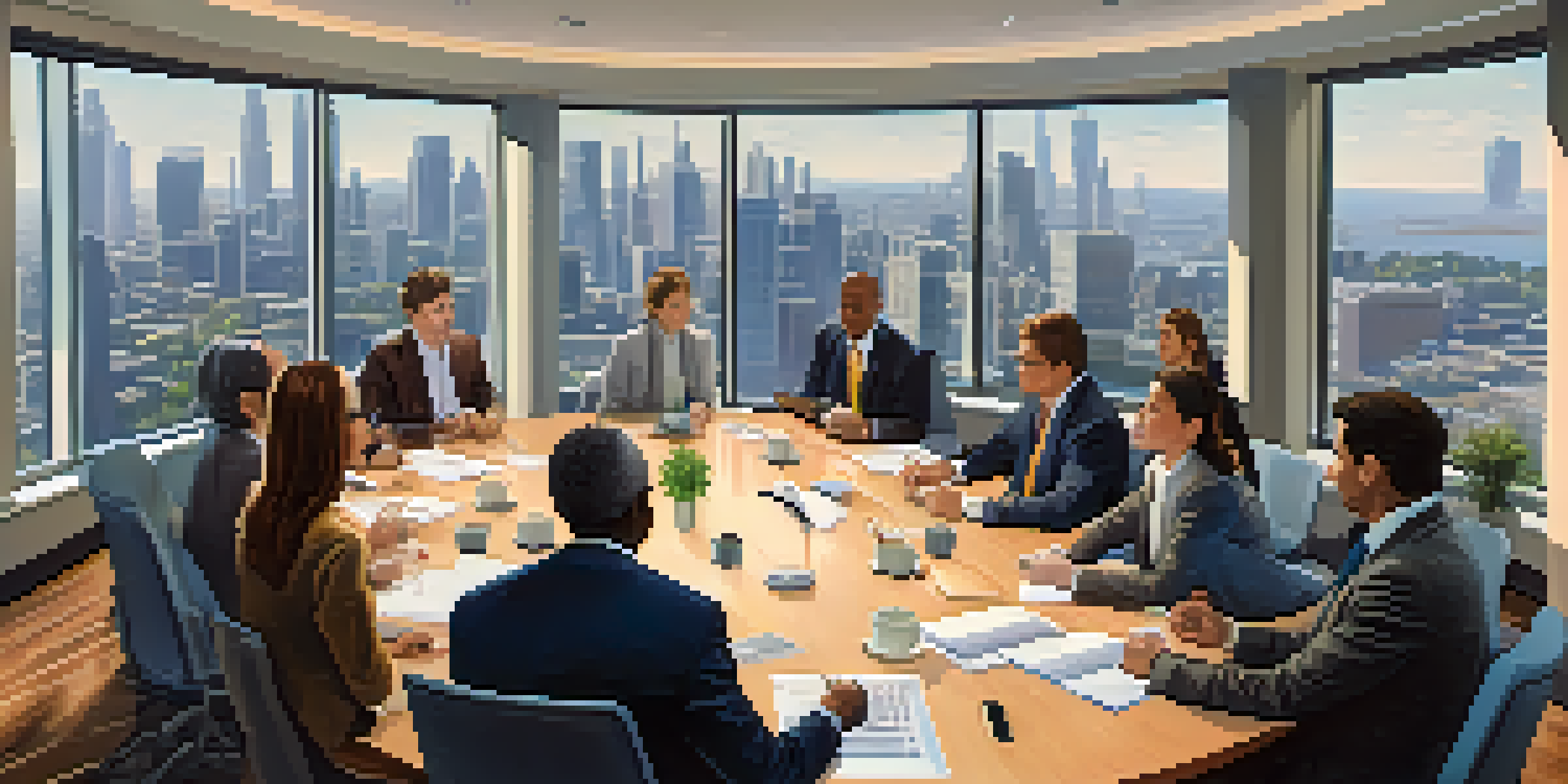 A diverse group of people discussing around a large round table in a modern conference room, with laptops and coffee cups present.