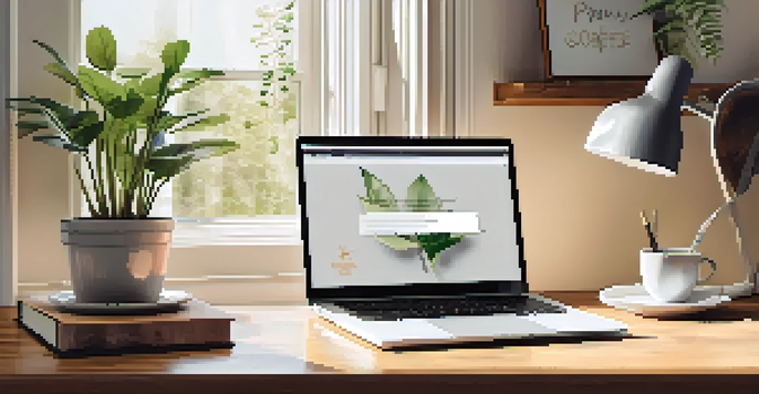 A clean and organized desk with a laptop, notebook, and coffee cup, illuminated by sunlight, with a plant and motivational quote in the background.