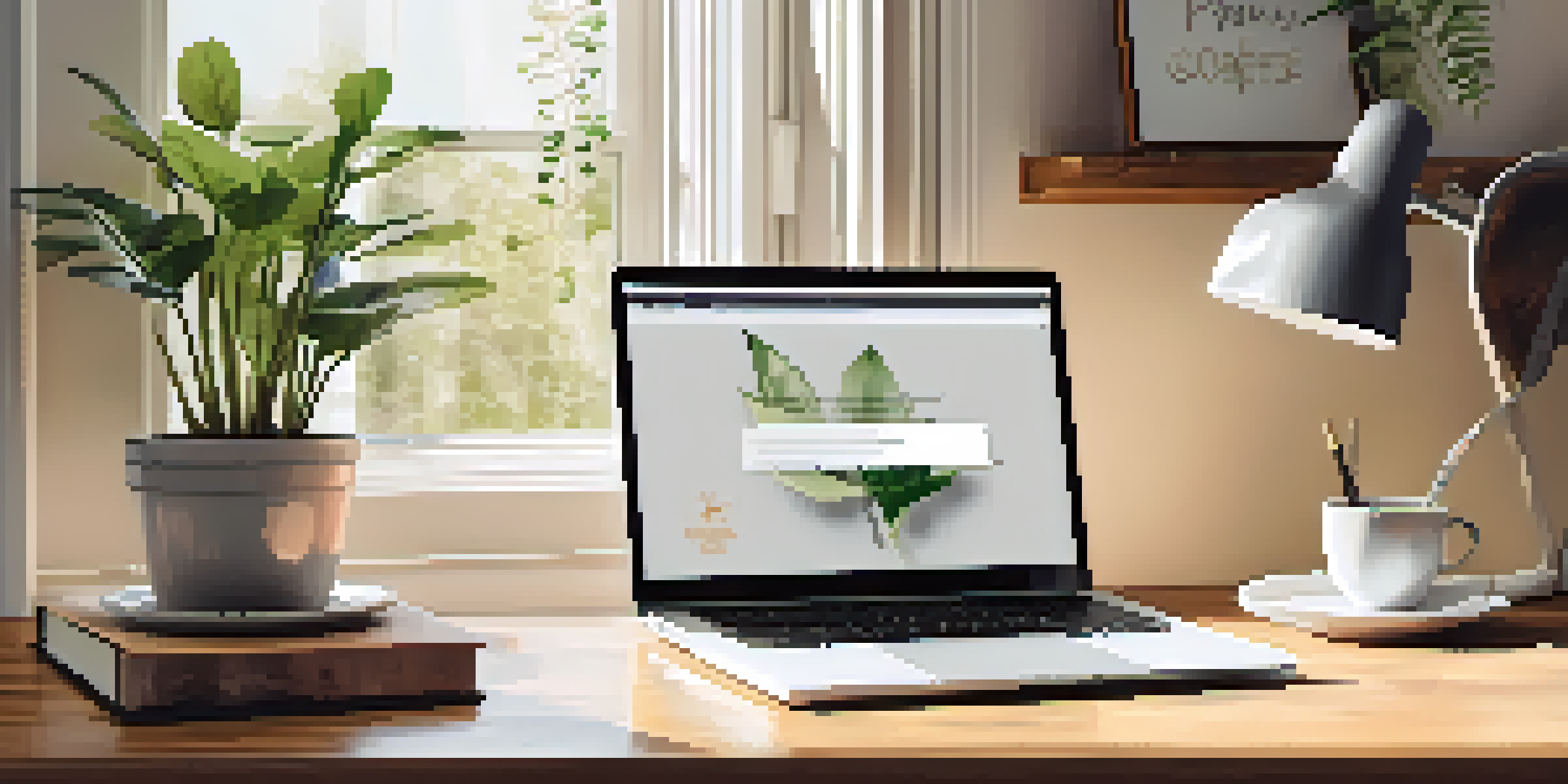 A clean and organized desk with a laptop, notebook, and coffee cup, illuminated by sunlight, with a plant and motivational quote in the background.