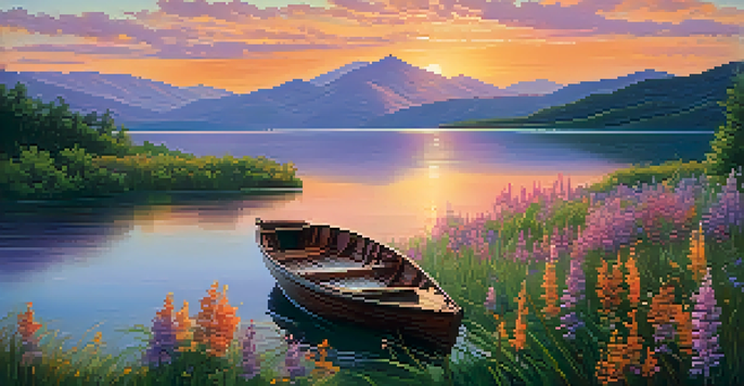 A peaceful sunset over a tranquil lake, surrounded by green mountains and blooming wildflowers, with a small boat on the water.