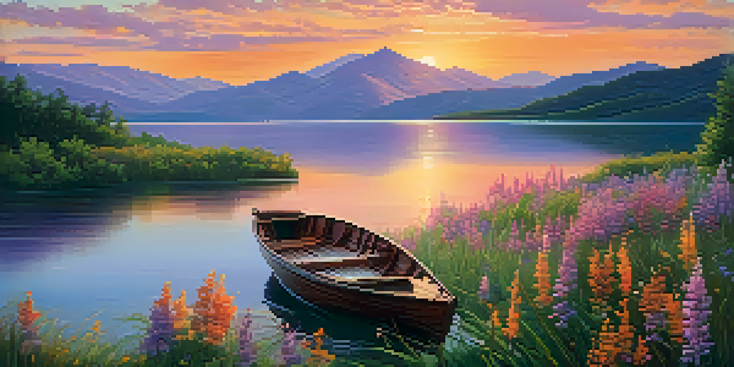 A peaceful sunset over a tranquil lake, surrounded by green mountains and blooming wildflowers, with a small boat on the water.