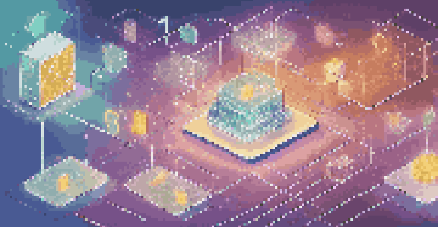 An abstract digital ledger representing blockchain technology, with interconnected blocks and investment icons.