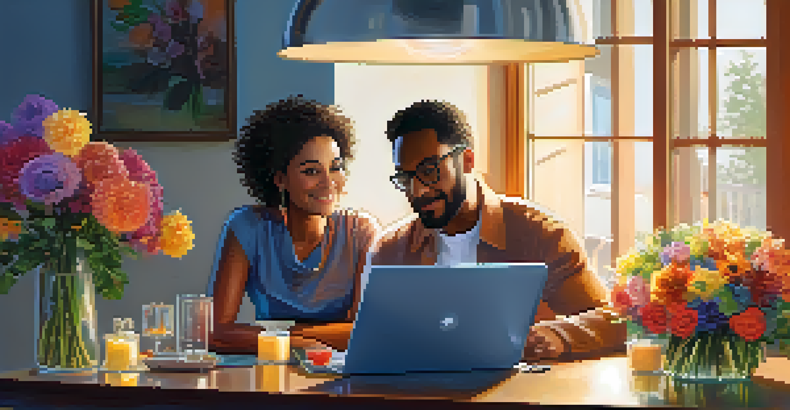 A couple planning their budget together at a dining table, with a colorful chart and warm candlelight.