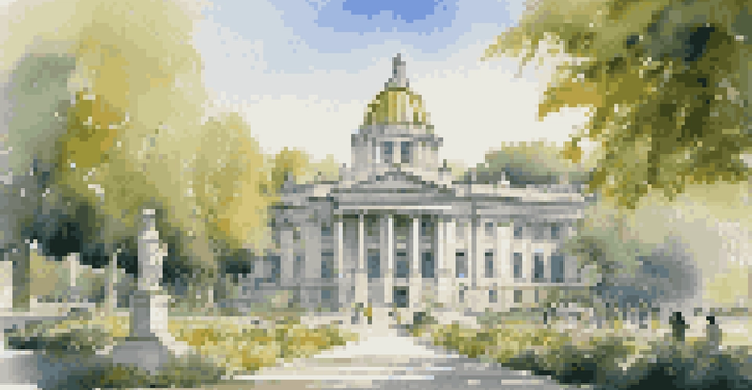 A central bank building with classic architecture, surrounded by gardens and people discussing under a clear sky.