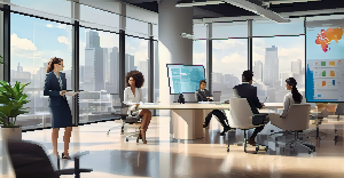 A modern office meeting with diverse professionals discussing business strategies, surrounded by bright natural light and digital presentations.