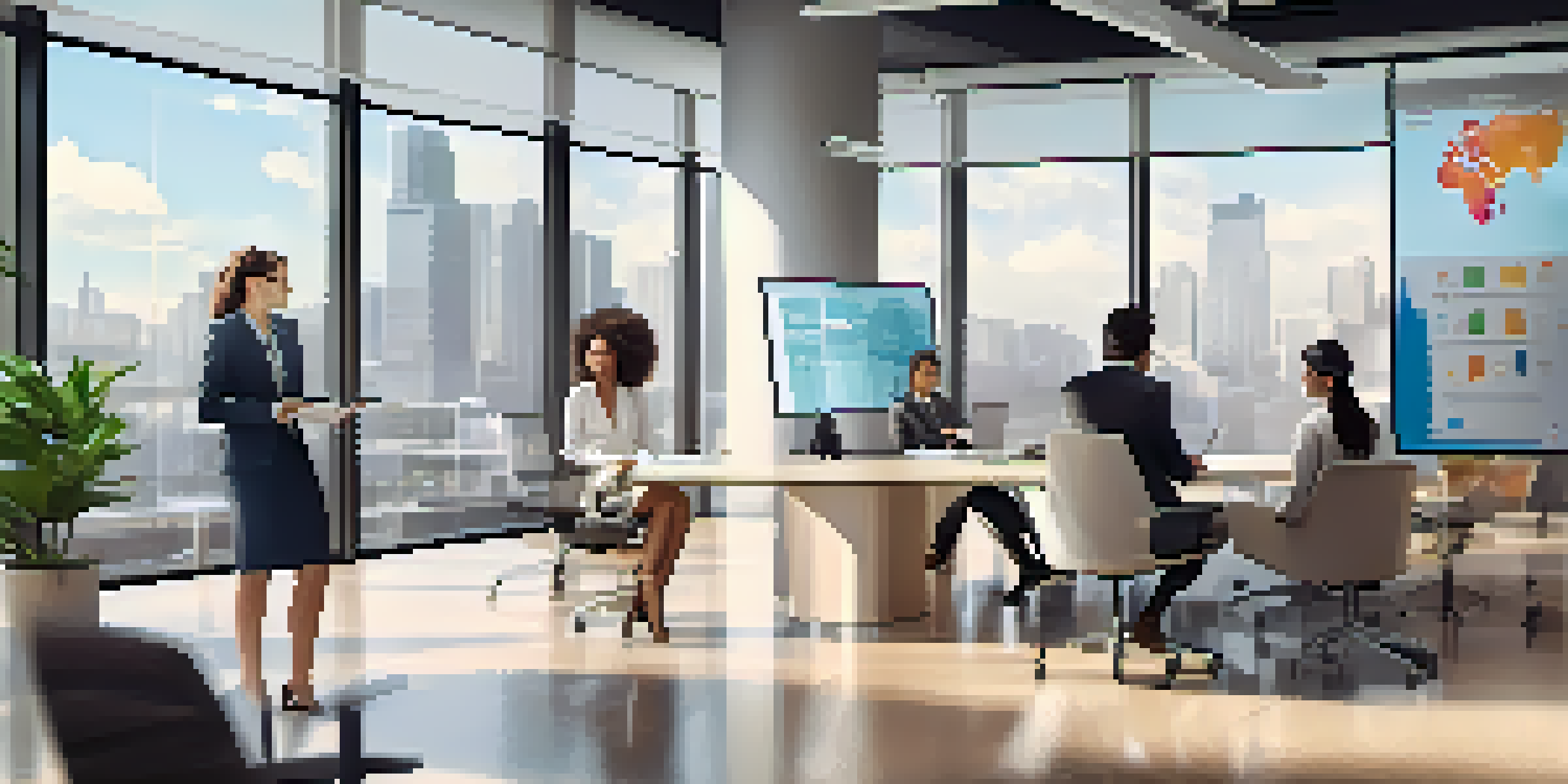 A modern office meeting with diverse professionals discussing business strategies, surrounded by bright natural light and digital presentations.