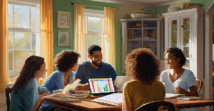 A family discussing their budget for college savings at a dining table, with educational materials around them.