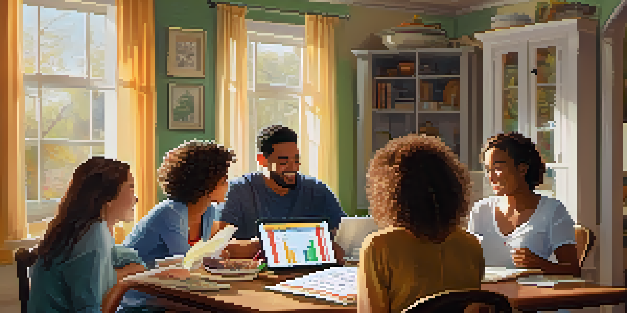 A family discussing their budget for college savings at a dining table, with educational materials around them.