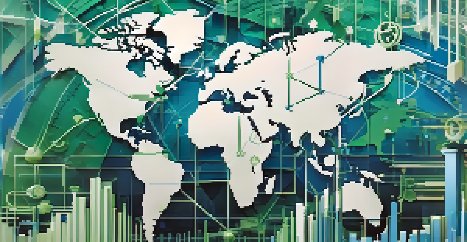An abstract world map with financial growth icons, showcasing the global private equity landscape in blue and green hues.