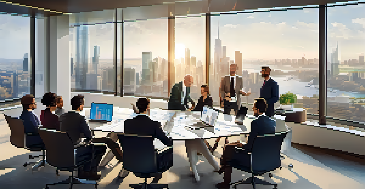 A diverse group of financial professionals in a bright conference room, collaborating on financial strategies with laptops and charts visible.