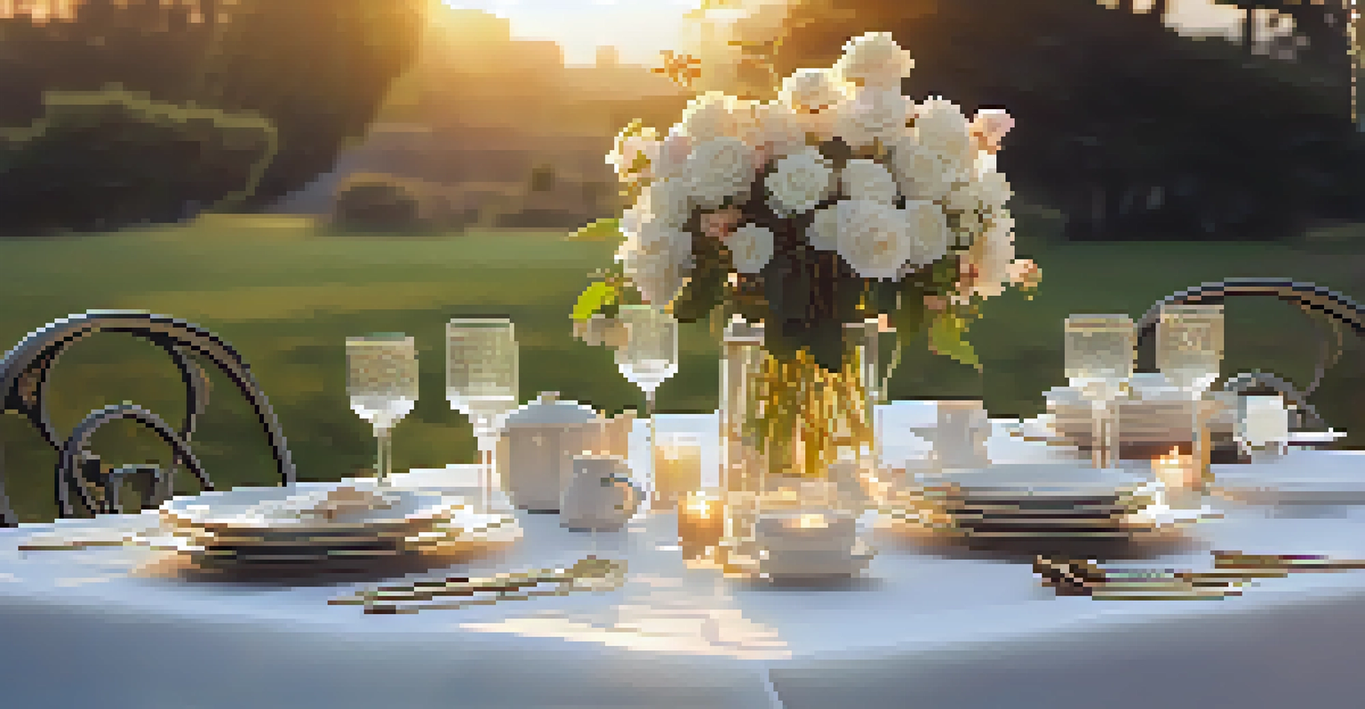An outdoor dining table elegantly set with white tablecloth, fine china, and candles, surrounded by colorful flowers in warm evening light.