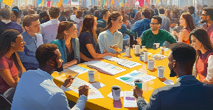 A lively crowdfunding event with entrepreneurs presenting projects to an engaged audience, colorful banners and prototypes visible, warm lighting enhancing the atmosphere.